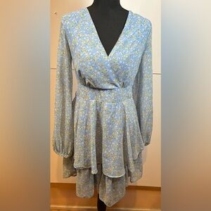 Japna Light Blue Floral Wrap-Style Long Sleeve Dress Size Medium